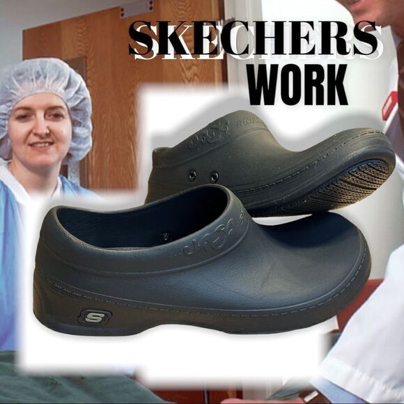 Skechers Oswald-Clara Work Clogs Shoes Black Scrub Ups Non Slip Women's Sz 8 - Picture 1 of 8